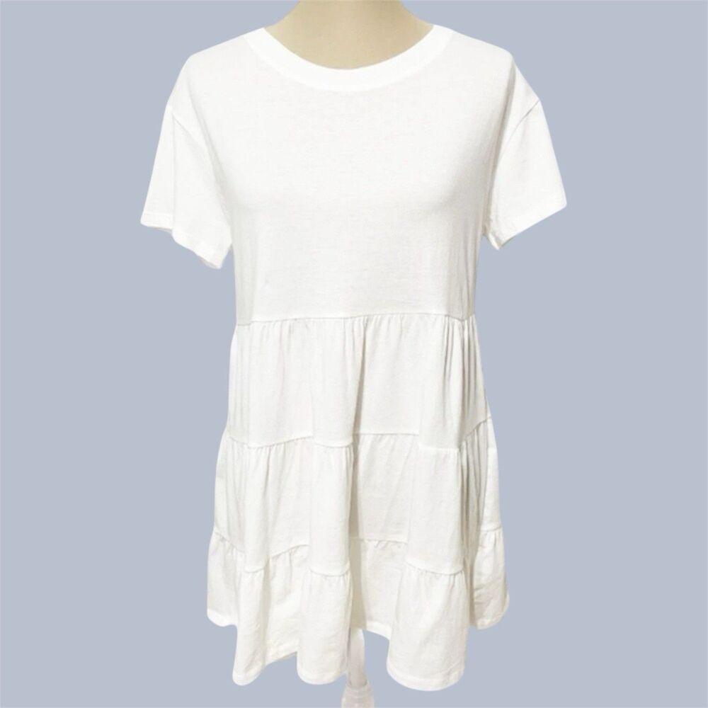 Womens Tiered Dress Top Size M Forever 21 White Short Sleeve